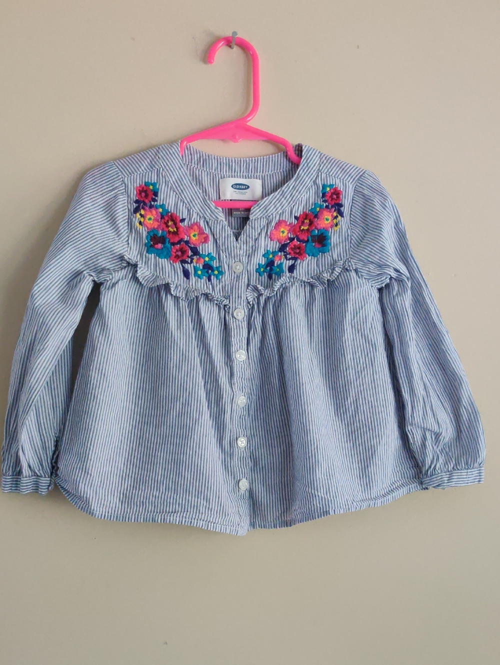 Old Navy Blue & White Pinstripe Button-Up Blouse with Floral Embroidery